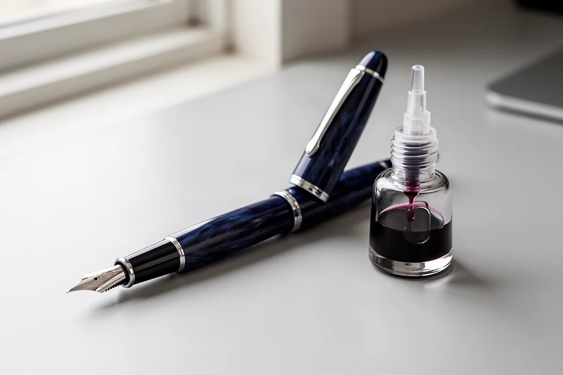 Full-size navy fountain pen uncapped on a writing desk with a converter filled with dark ink