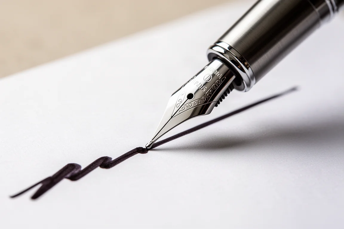 Fountain pen nib gliding across smooth white writing paper leaving dark ink lines