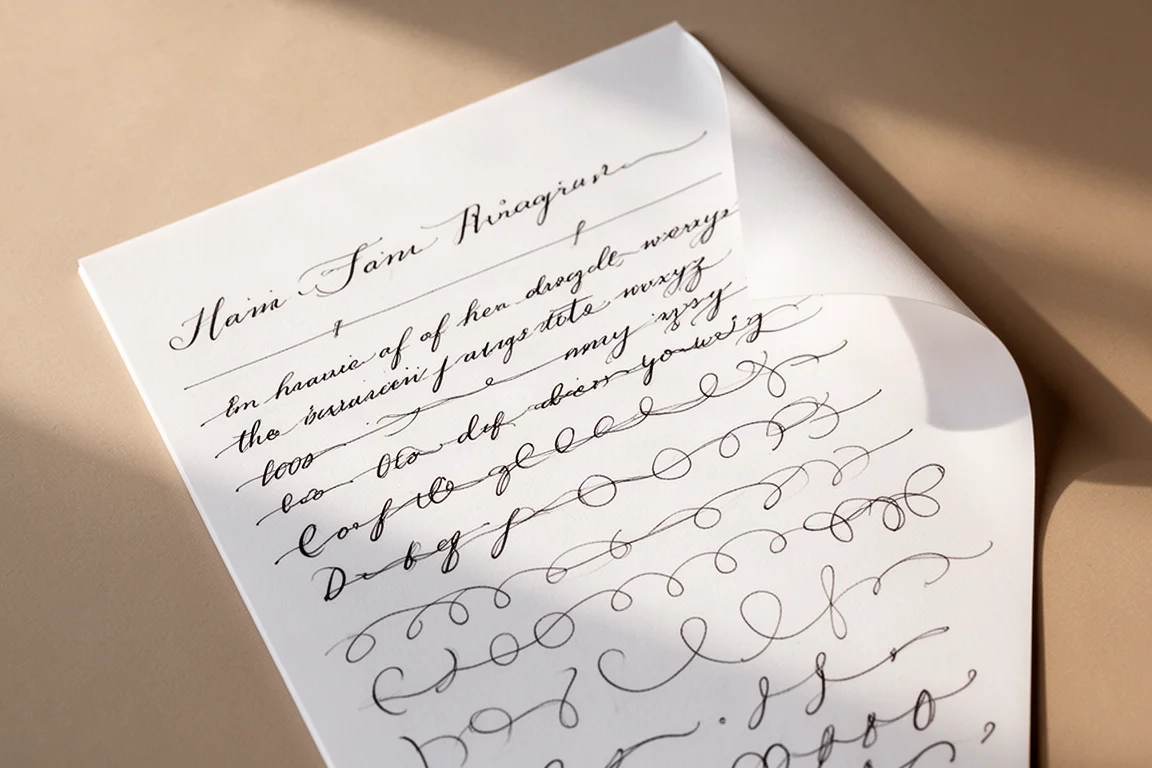 Handwritten cursive lines and flowing loops on premium white paper in dark ink