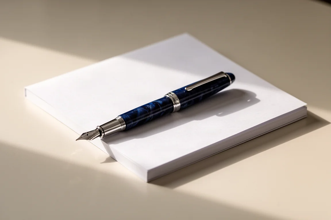 Navy fountain pen capped beside a writing pad on a tidy minimal desk
