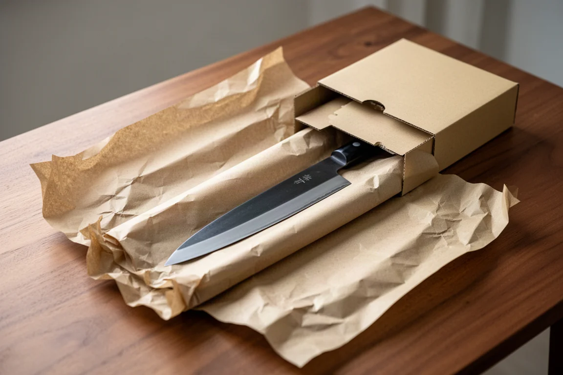 Auspacken eines japanischen Gyuto-Messers aus der Schutzhülle auf einem Holztisch