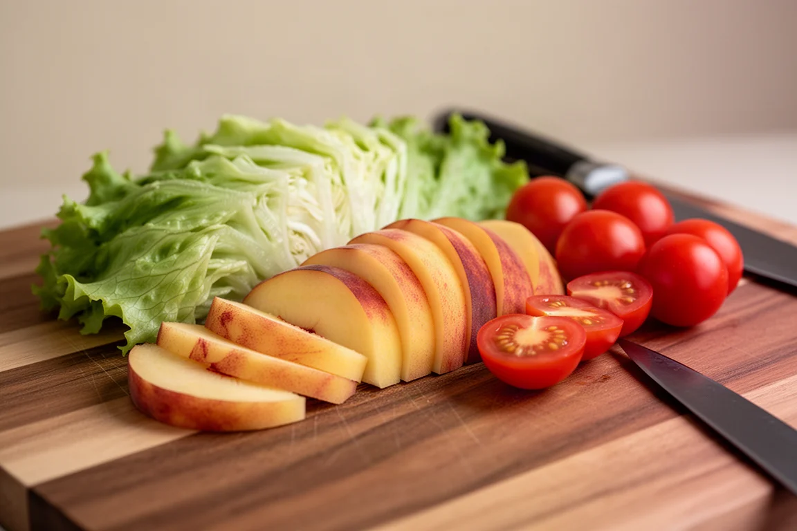 Geschnittene Salatzutaten auf einem Brett, daneben liegendes Messer