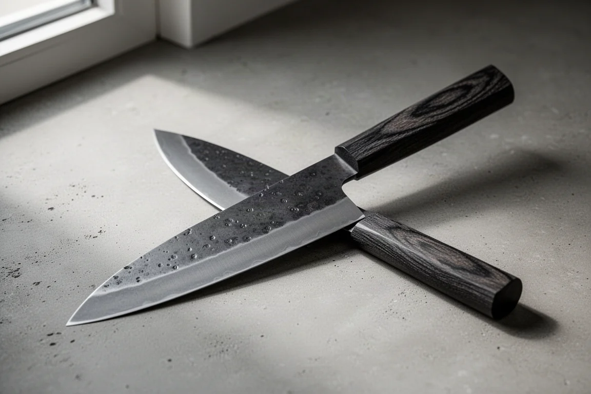 Handgefertigtes japanisches Gyuto-Messer mit dunkler Kurouchi-Klinge und dunklem Holzgriff