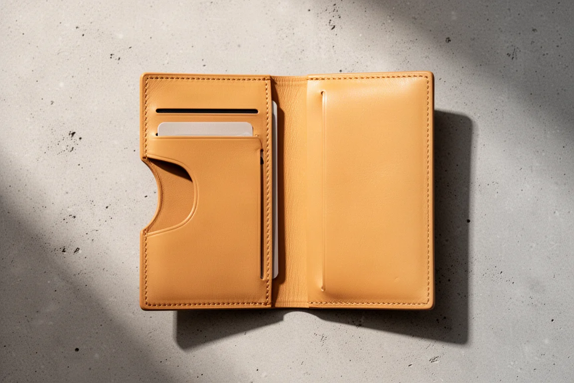 Geöffnete minimalistische Ledertasche mit Kartenfächern und Geldscheinfach
