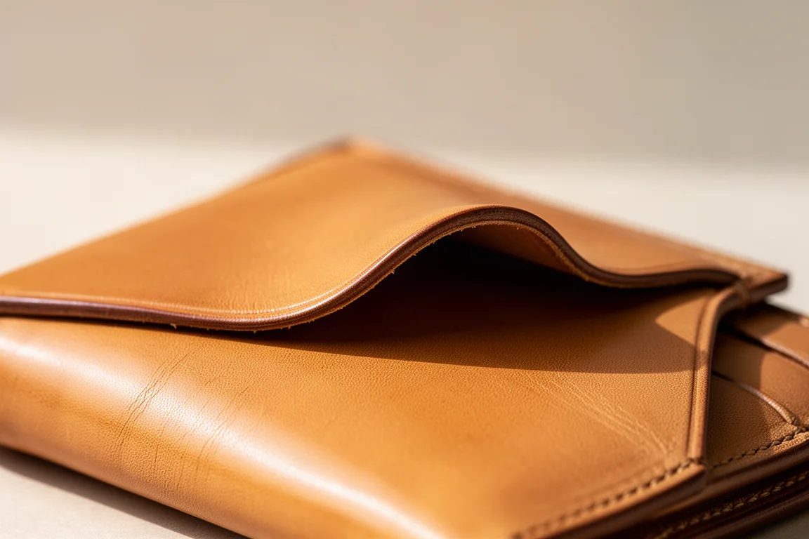 Klappe der Ledertasche schließt sich über Wochen des Tragens in der Tasche allmählich