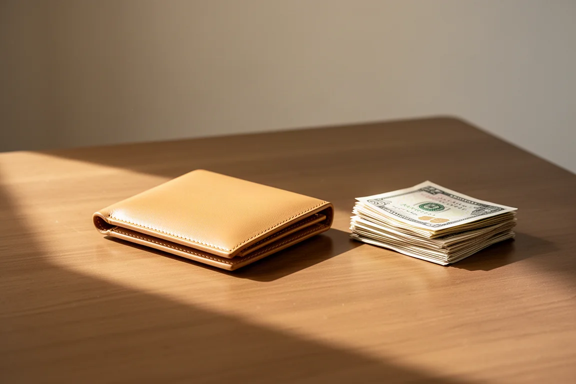Hellbraune Ledertasche auf einem Schreibtisch neben gefaltetem Geld bei warmem Licht