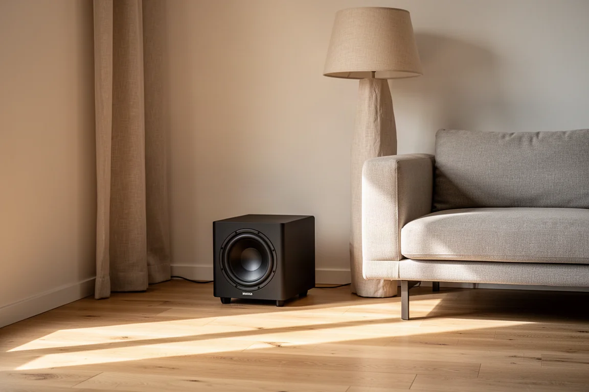 Subwoofer preto compacto no canto de uma sala de estar moderna ao lado de um sofá