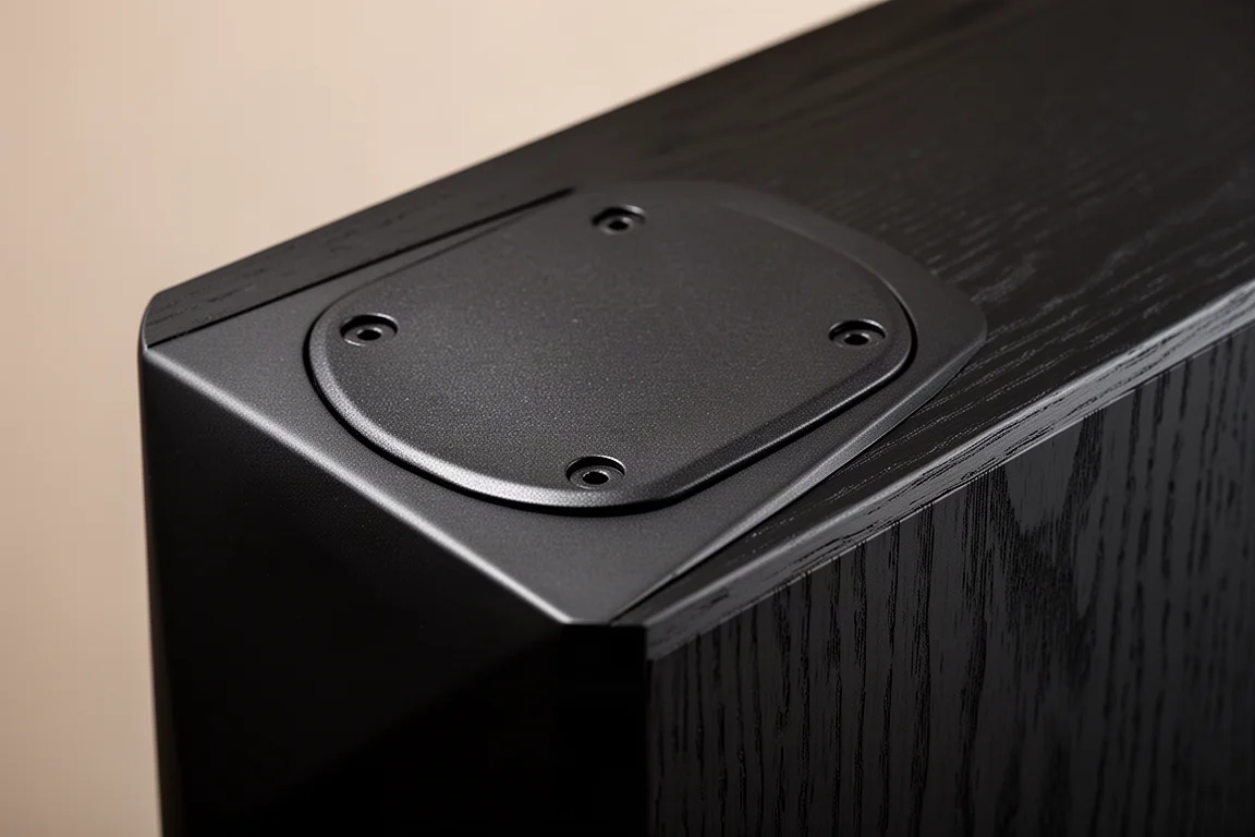 Close-up de um baffle de aço preto fosco com furos para montagem da grade