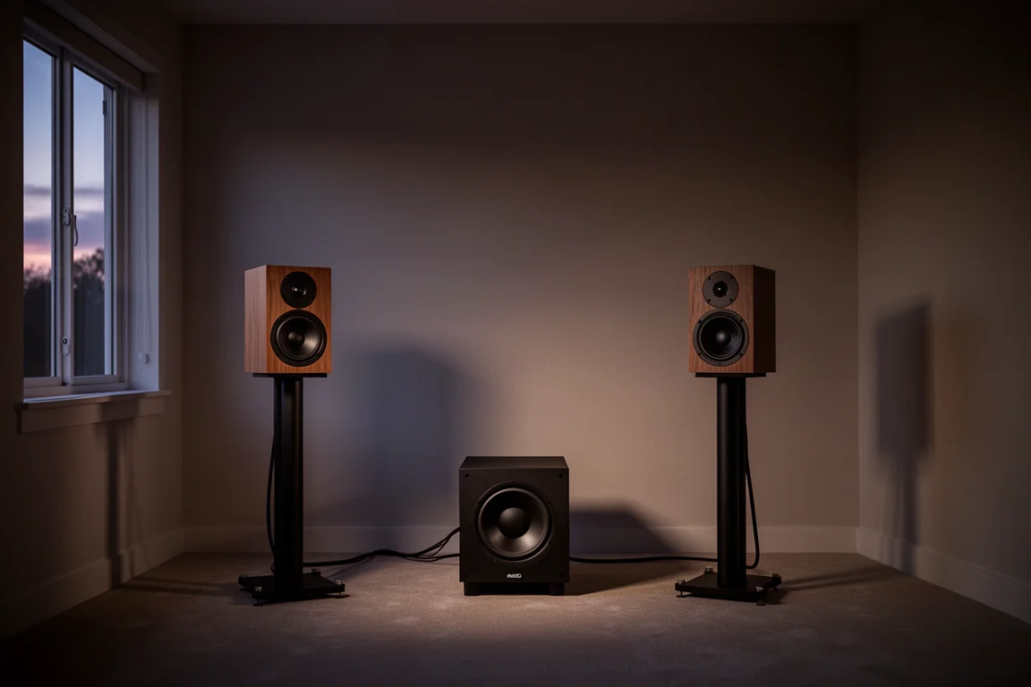 Caixas bookshelf e um subwoofer compacto em uma sala de audição com pouca luz