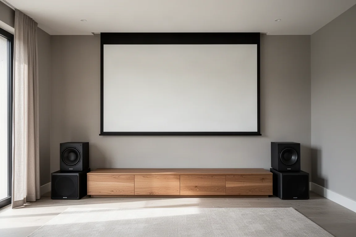 Dois subwoofers compactos posicionados ao longo da parede de uma sala de mídia espaçosa