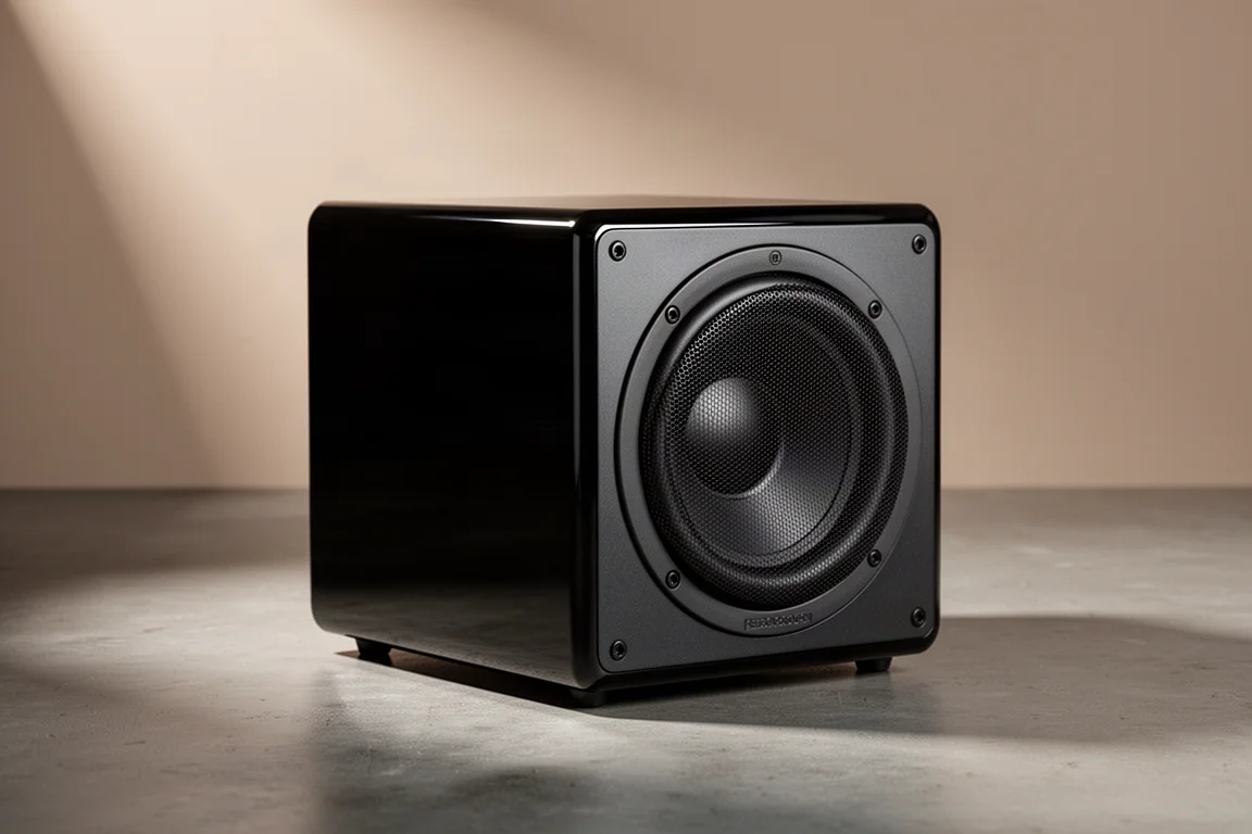 Compact black sealed subwoofer with mesh grille on a matte concrete floor