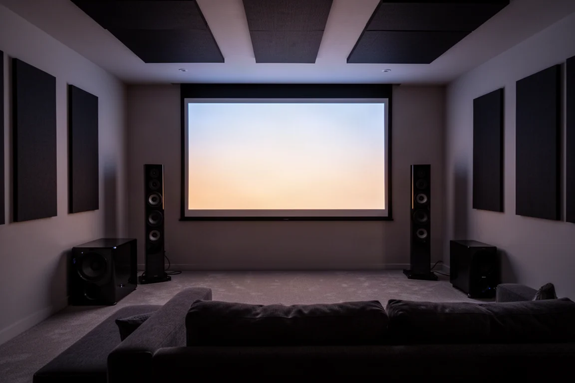 Salle de home cinéma à l'éclairage tamisé avec enceintes colonnes et caisson de basses noir brillant