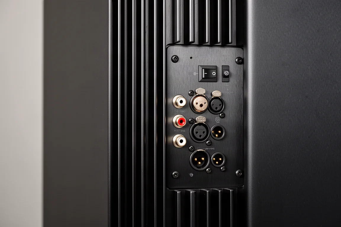 Gros plan sur le panneau arrière de l'amplificateur avec dissipateurs thermiques et connecteurs d'entrée audio