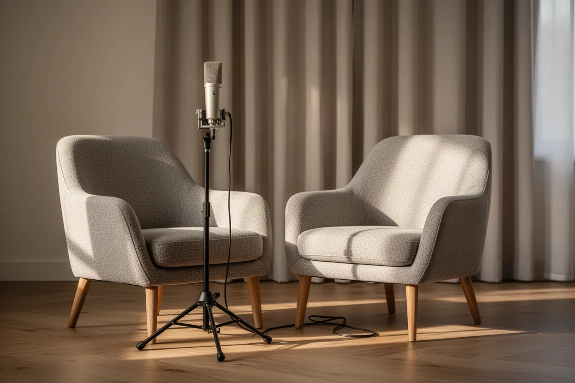Microphone de mesure sur pied placé au siège d'écoute dans un salon
