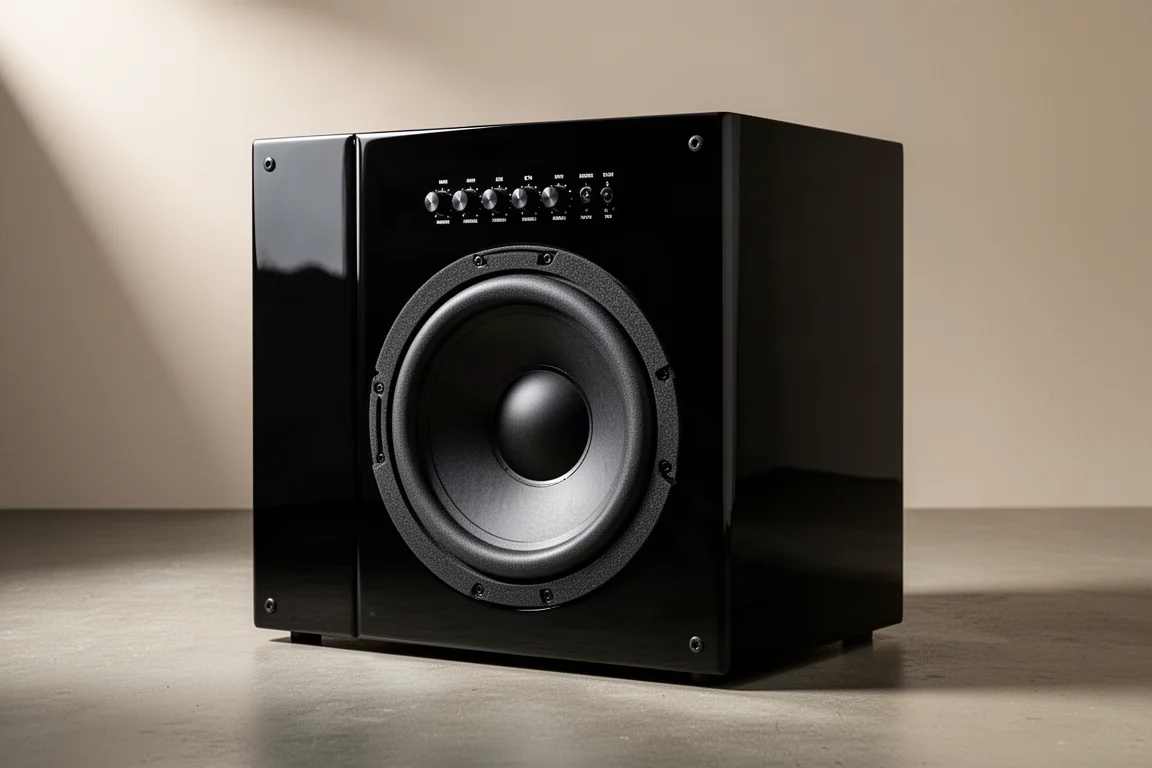 Gloss black sealed subwoofer with 12-inch driver and front panel controls on concrete floor