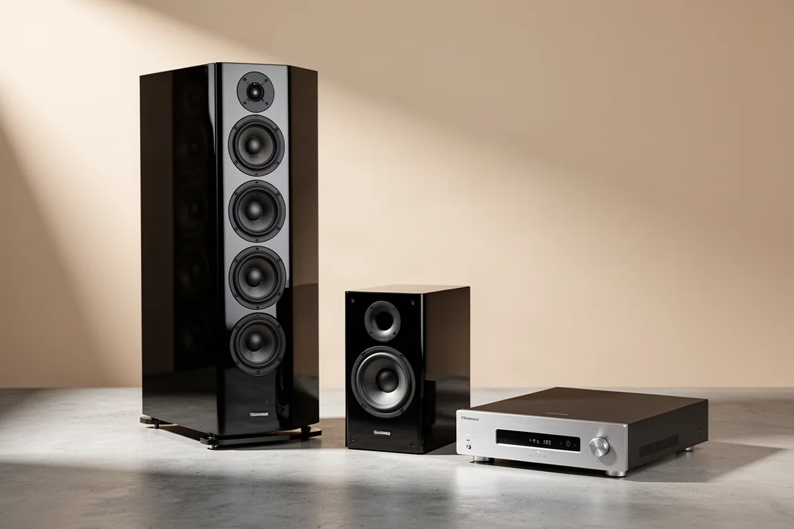 JL Audio Fathom T6 tower, S3 bookshelf speaker and centerpiece streamer preamp on concrete
