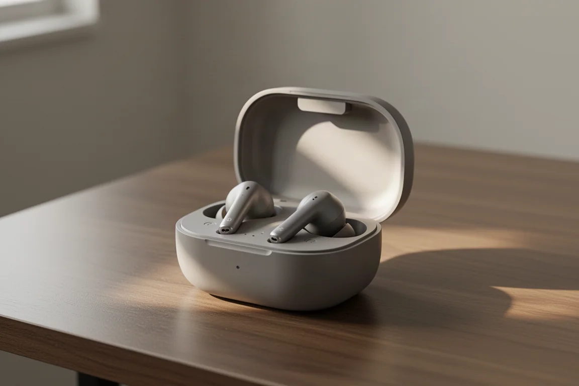 Kleine True-Wireless-Earbuds in einem offenen Ladeetui auf einem Holztisch