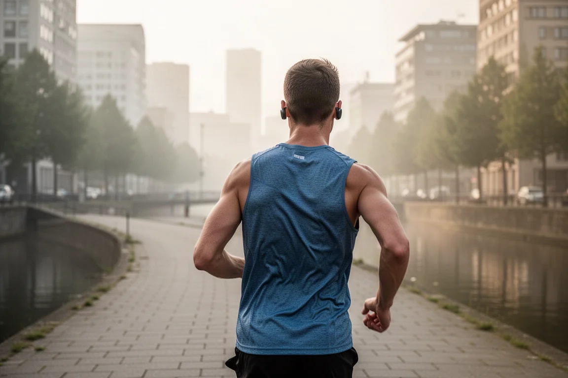 Läufer auf einem befestigten Kanalweg bei einem lockeren Morgenlauf