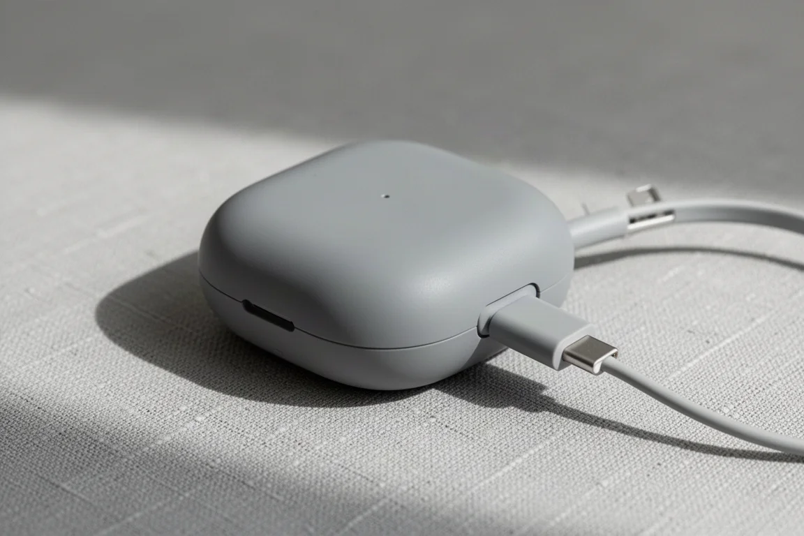 Nahaufnahme eines kompakten Ladeetuis mit integriertem USB-Kabel