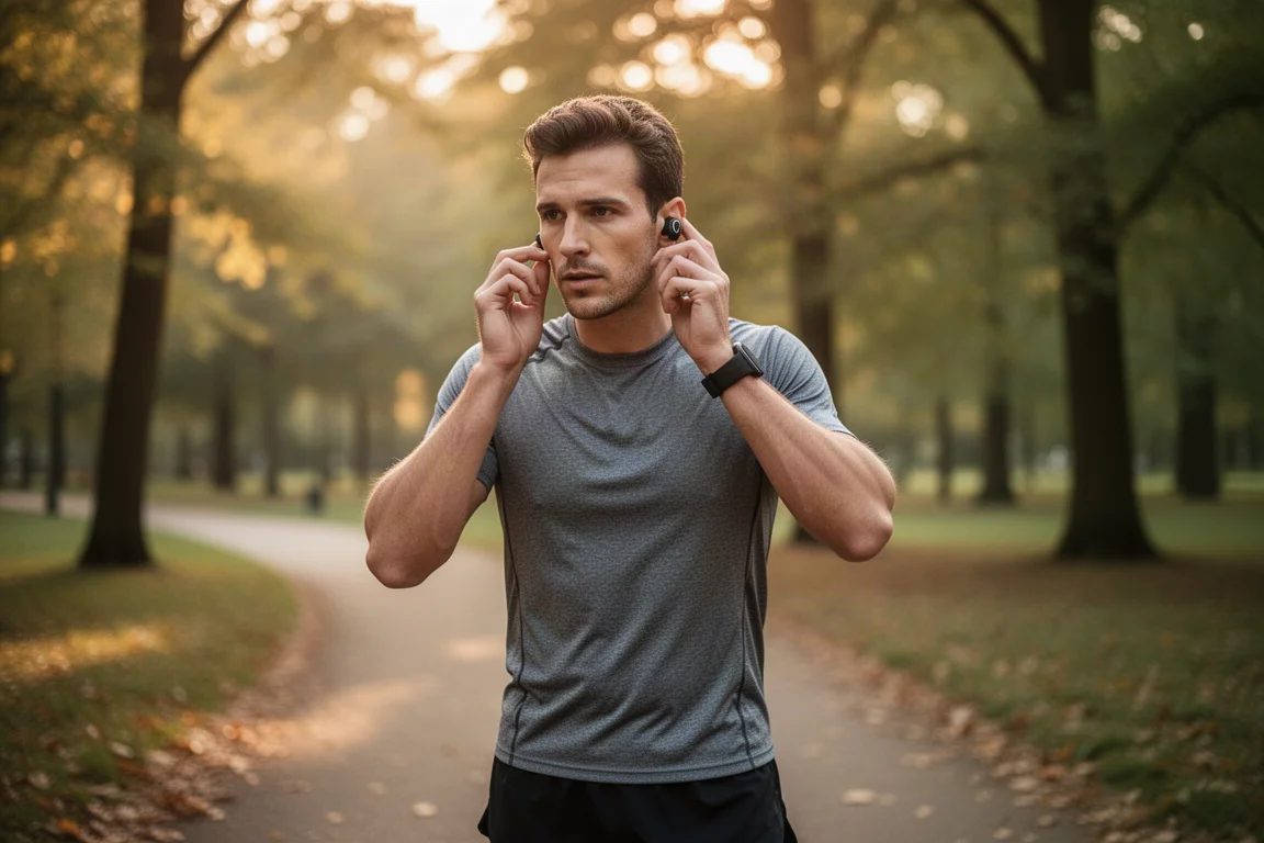 Läufer passt am Rand eines Parks in einer Pause einen Earbud an