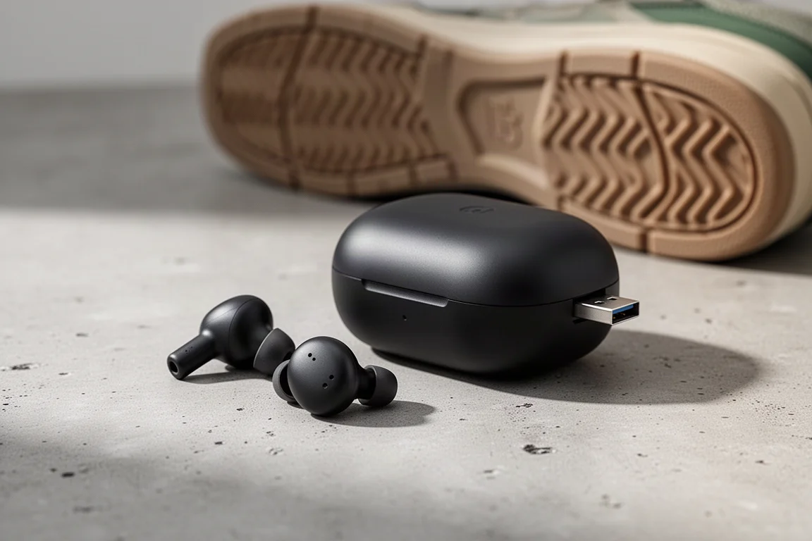 JLab Go Air Pop true wireless earbuds beside their compact charging case on a concrete surface