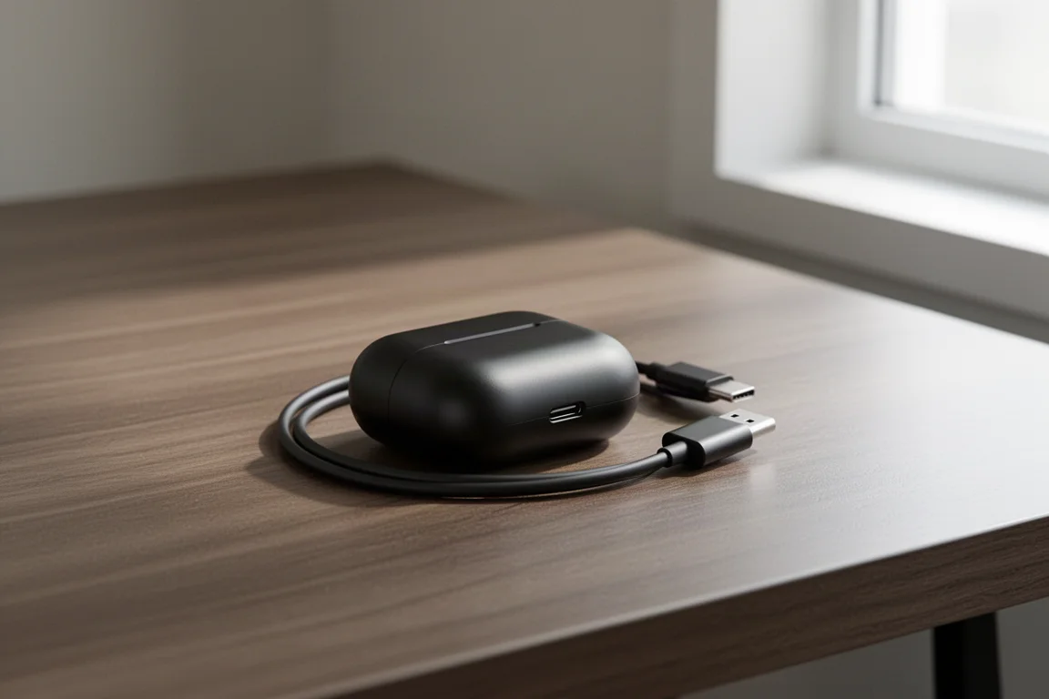 內建 USB-C 線的充電盒放在木質桌面上