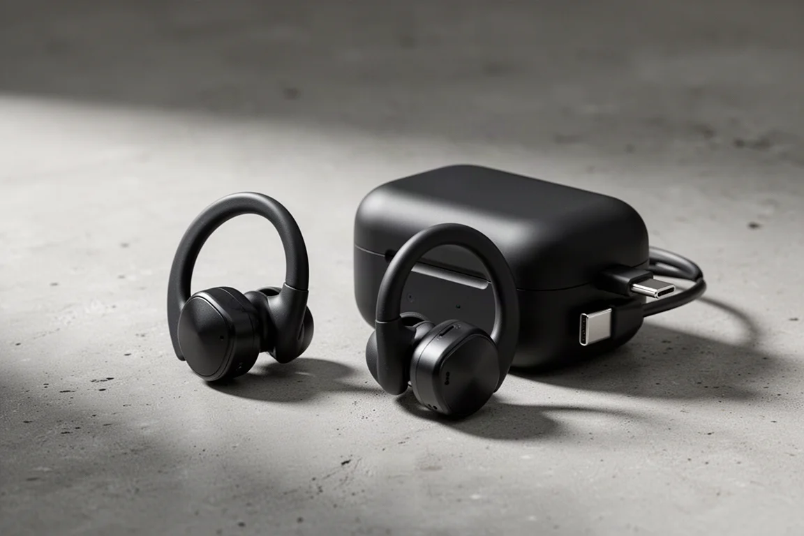 JLab Go Sport Plus ear hook earbuds beside their charging case on a concrete surface