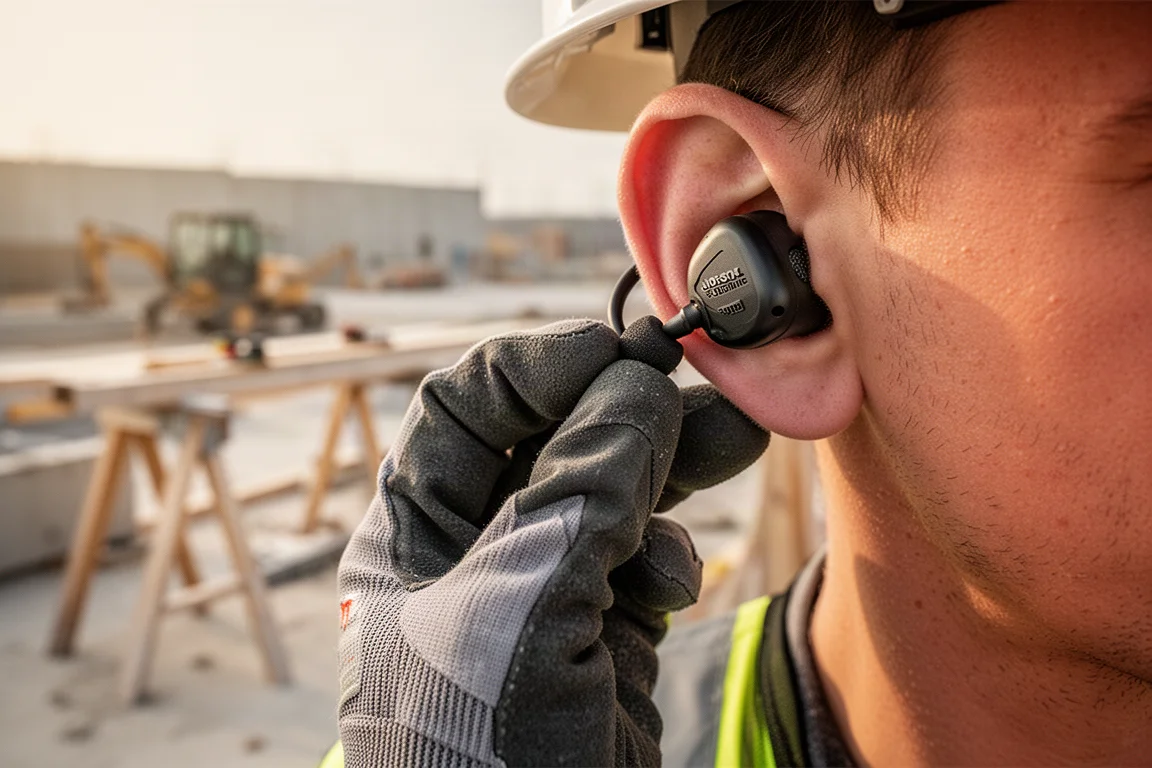 Worker fitting a foam earbud into an ear at a noisy construction site