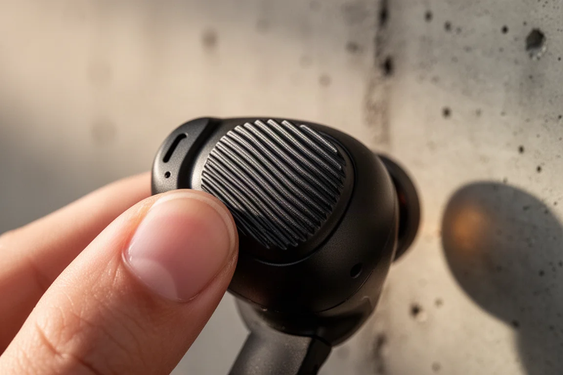 Close-up of a ridged gear-style volume ring on a jobsite earbud