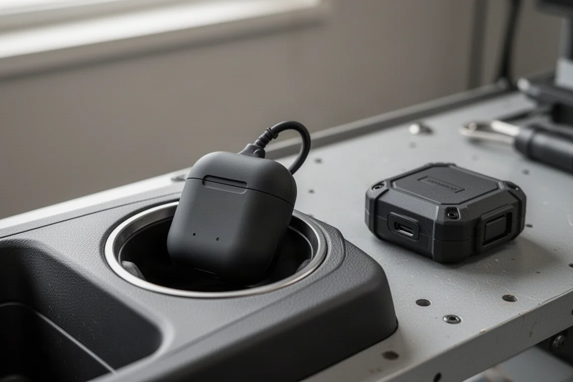 Two charging cases placed on a workbench beside a coffee cup holder
