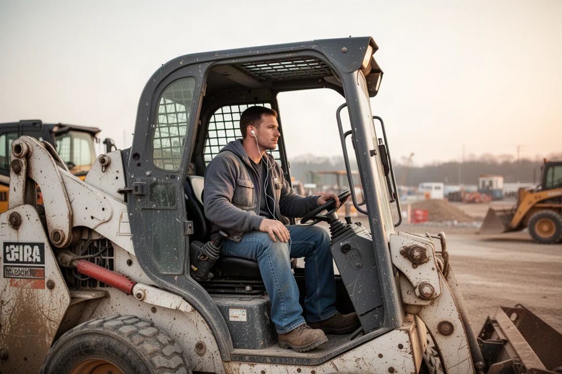 Worker on a skid steer machine listening to earbuds during a break