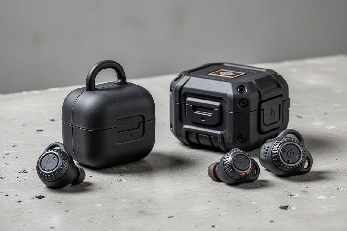 Two jobsite earbud charging cases on a concrete workshop surface