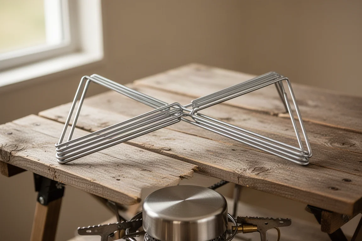 Primer plano de un soporte plegable de varillas para la olla con brazos acanalados abiertos sobre una mesa de camping de madera