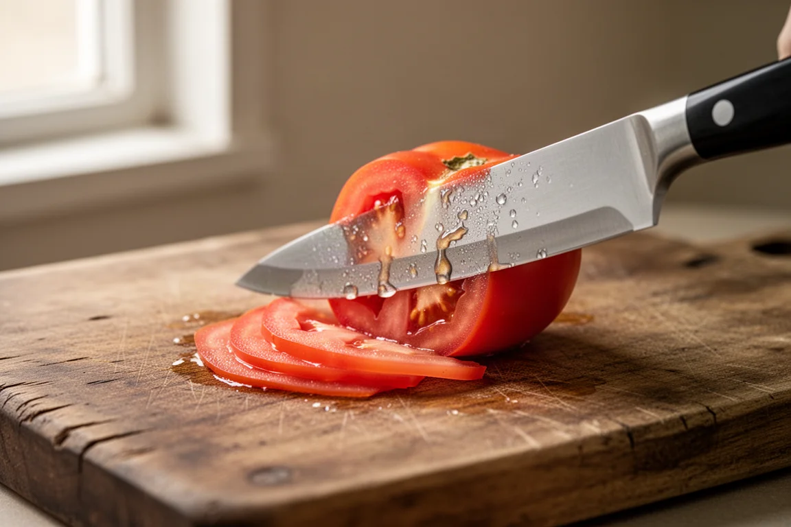 Eine Tomate wird auf einem hölzernen Schneidebrett mit einem scharfen Messer dünn aufgeschnitten