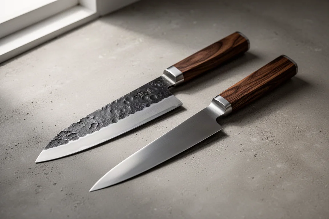 Zwei handgeschmiedete Küchenmesser, eine Bunka und ein Katana mit gerader Klinge, auf einer Betonfläche