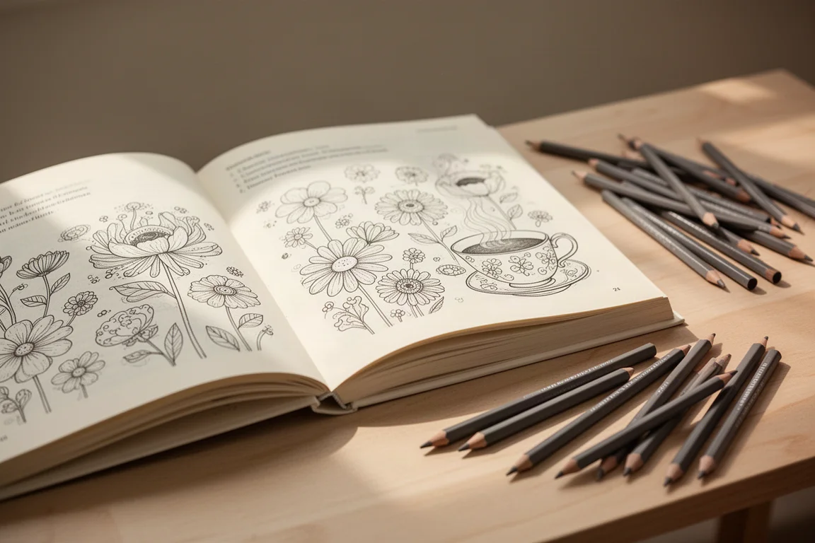 Libro da colorare aperto con dettagliate pagine line-art su una scrivania di legno accanto a matite colorate