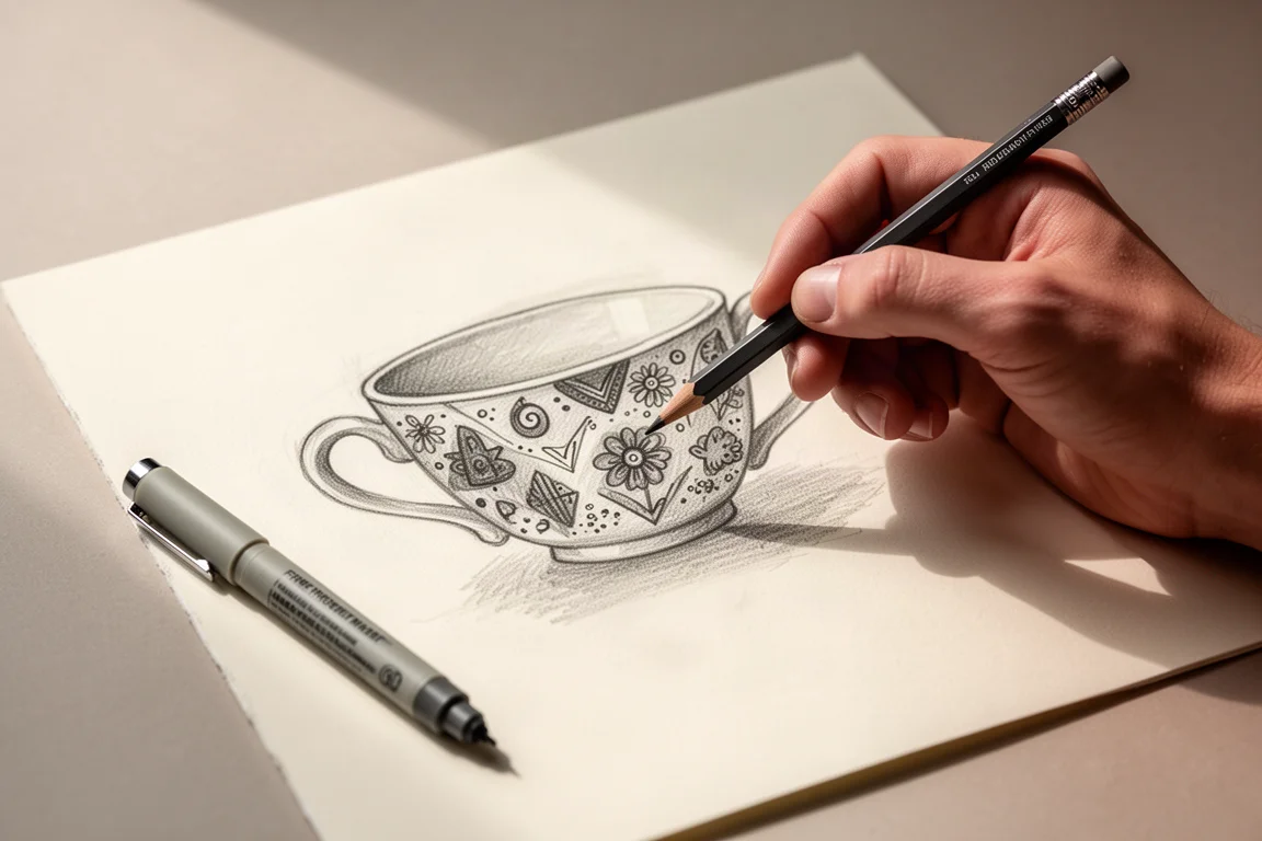 Mani che abbozzano leggermente a matita un disegno di tazza di tè su carta liscia e spessa