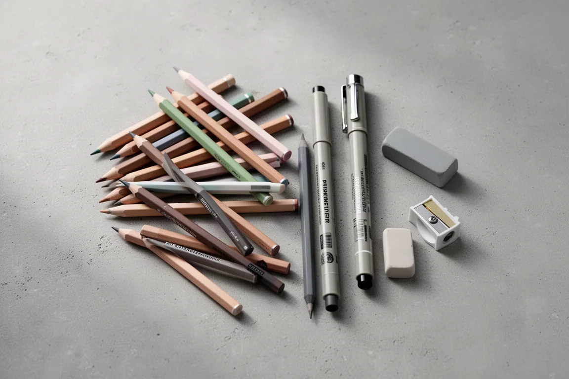 Composizione in flat lay di materiali da disegno tra cui matite, penne, gomma e temperamatite