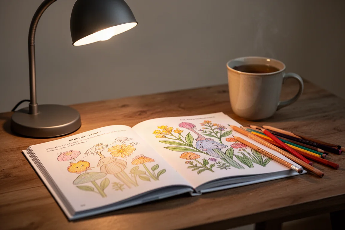 Scena serale accogliente di colorazione con un libro aperto su un tavolo illuminato da una lampada
