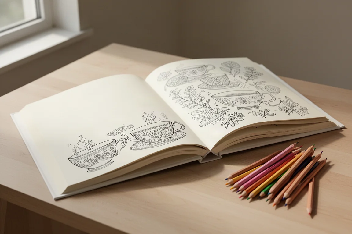 Libro da colorare e di attività aperto con pagine line-art su una scrivania di legno accanto a matite colorate