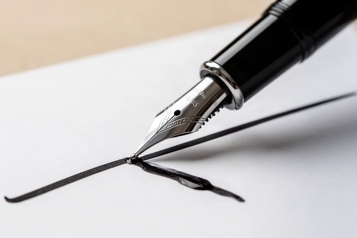 万年筆のペン先が白い紙に黒いインクの滑らかな線を書いている様子