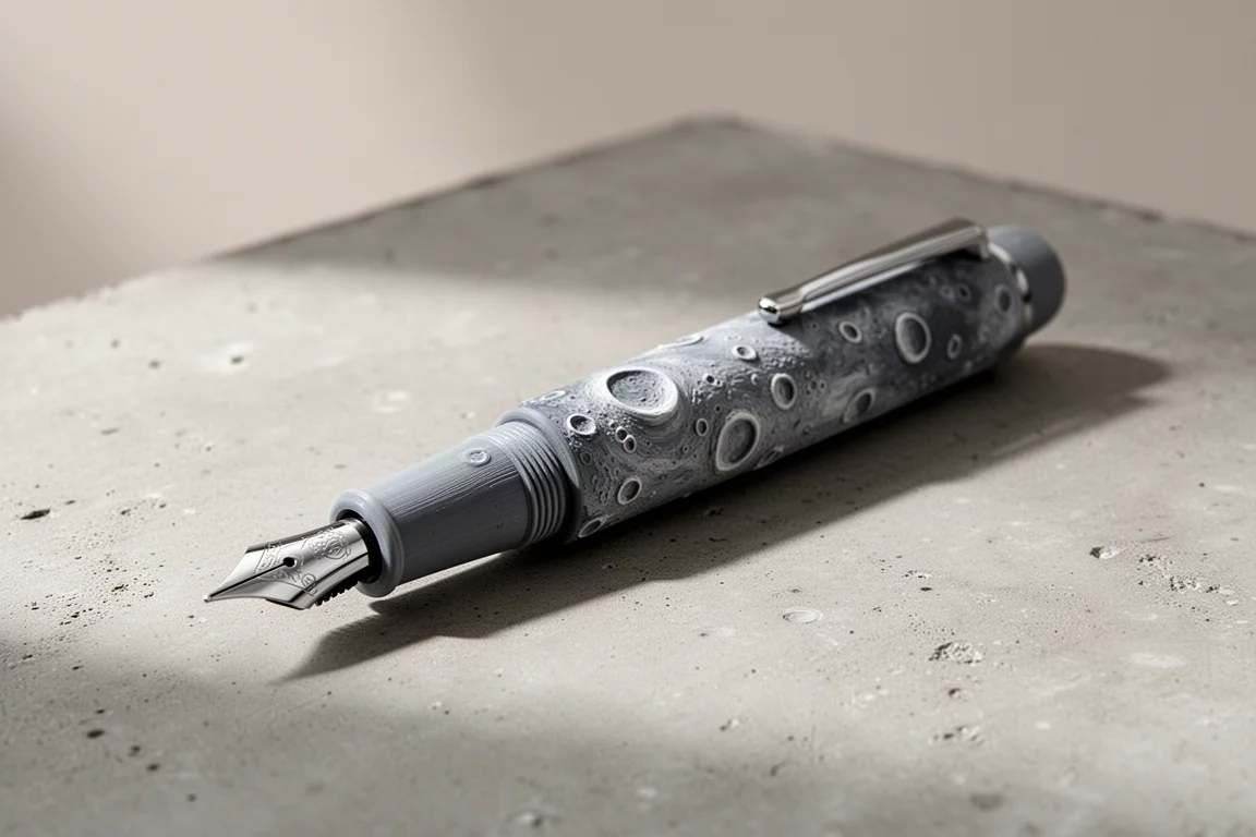 3D printed fountain pen with lunar crater texture on a concrete surface