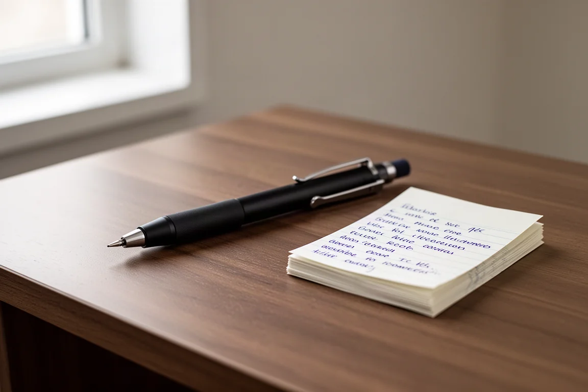 Schwarzer Arbeitsbleistift mit Metallakzenten auf einem Holztisch neben handschriftlichen Notizen