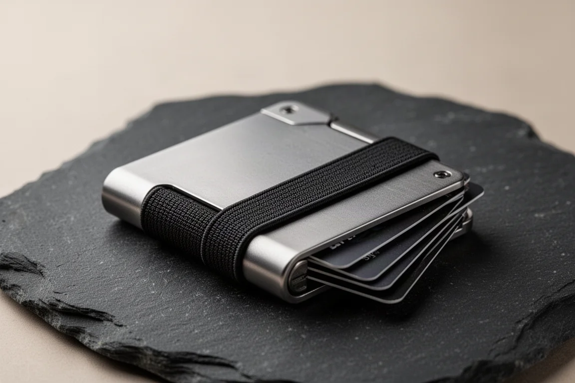 Alu-Brieftasche mit Titanakzenten und Gummiband, das einen Fächer aus Karten hält