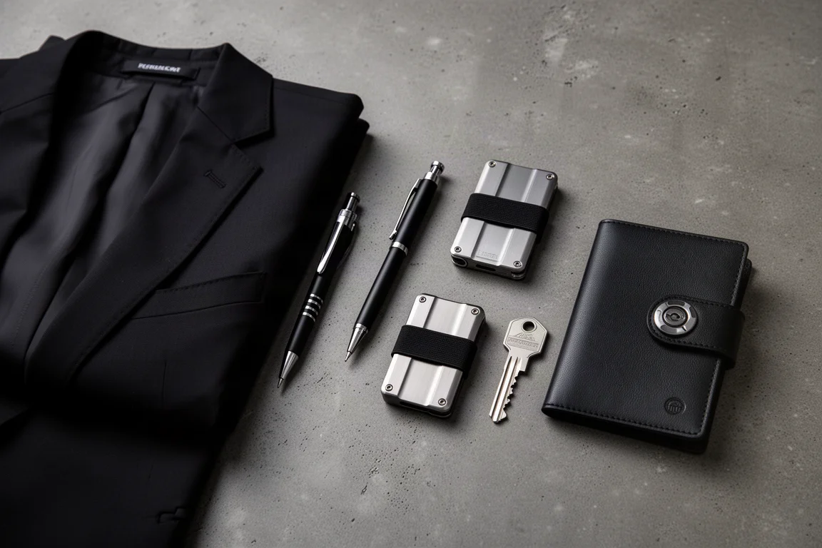 Flat-Lay aus schwarzem Anzugstoff, Bleistift, Alu-Brieftasche, schlüsselgroßem Multitool und Pass-Halter auf Beton