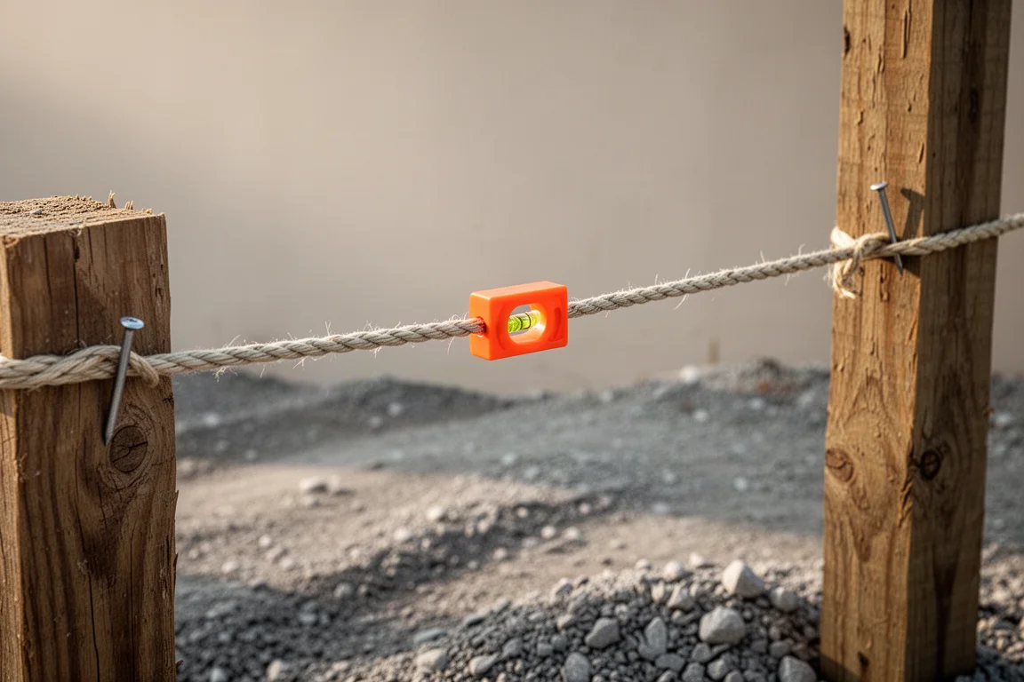 Gevlochten Mason's line gespannen tussen twee spijkers, met een klein oranje lijnwaterpasje geklemd op het midden