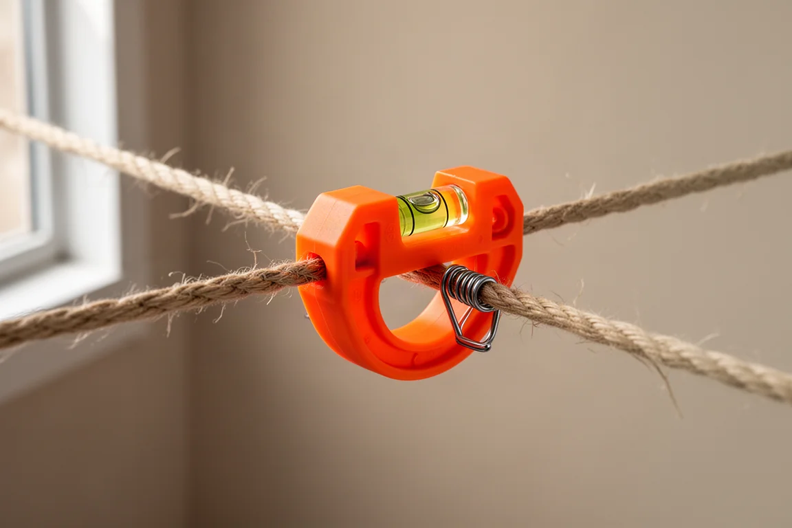 Small orange plastic line level clipped onto taut mason's line