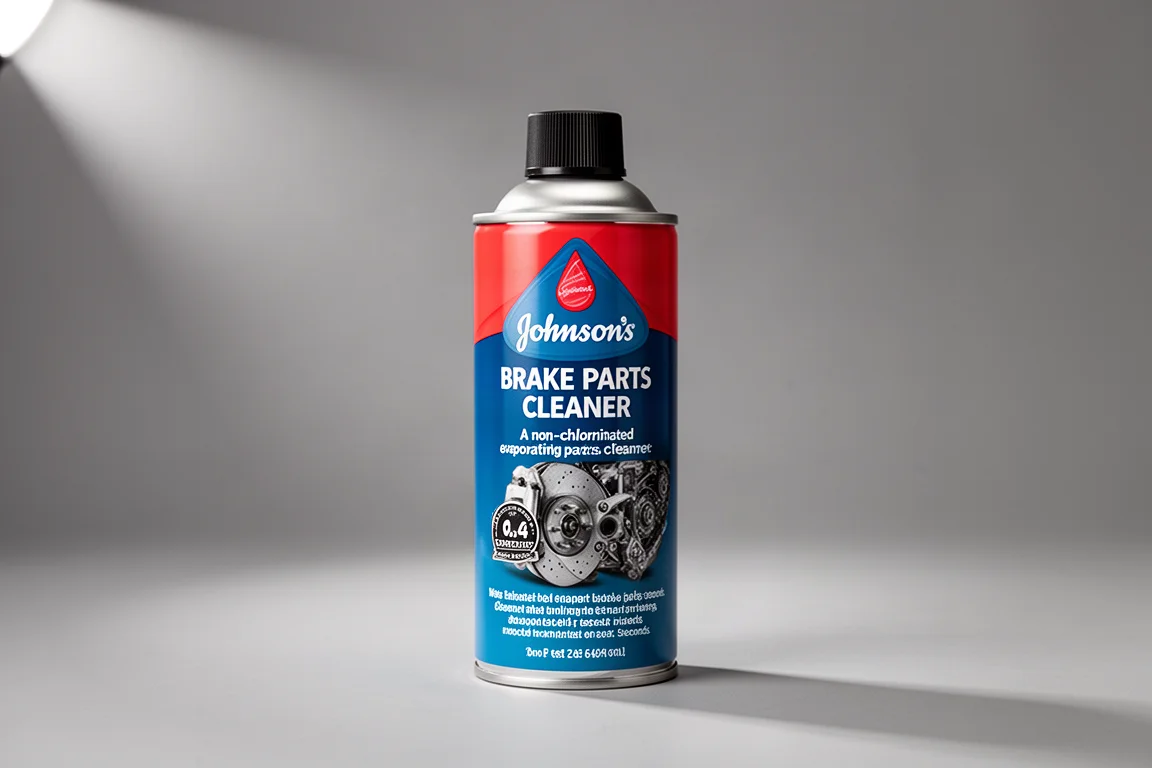 Fourteen aerosol brake parts cleaner cans arranged on a concrete workbench with a steel test plate