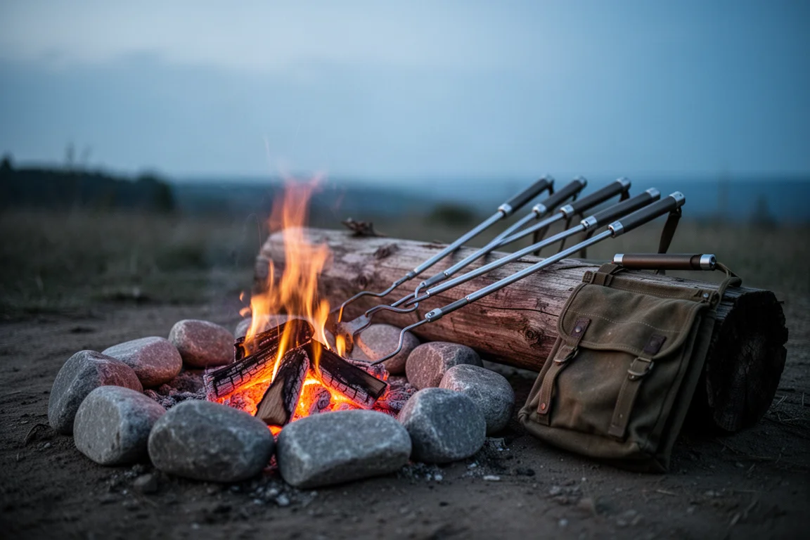 Lagerfeuer brennt in der Dämmerung in einem Steinring nieder, daneben liegen Röststöcke