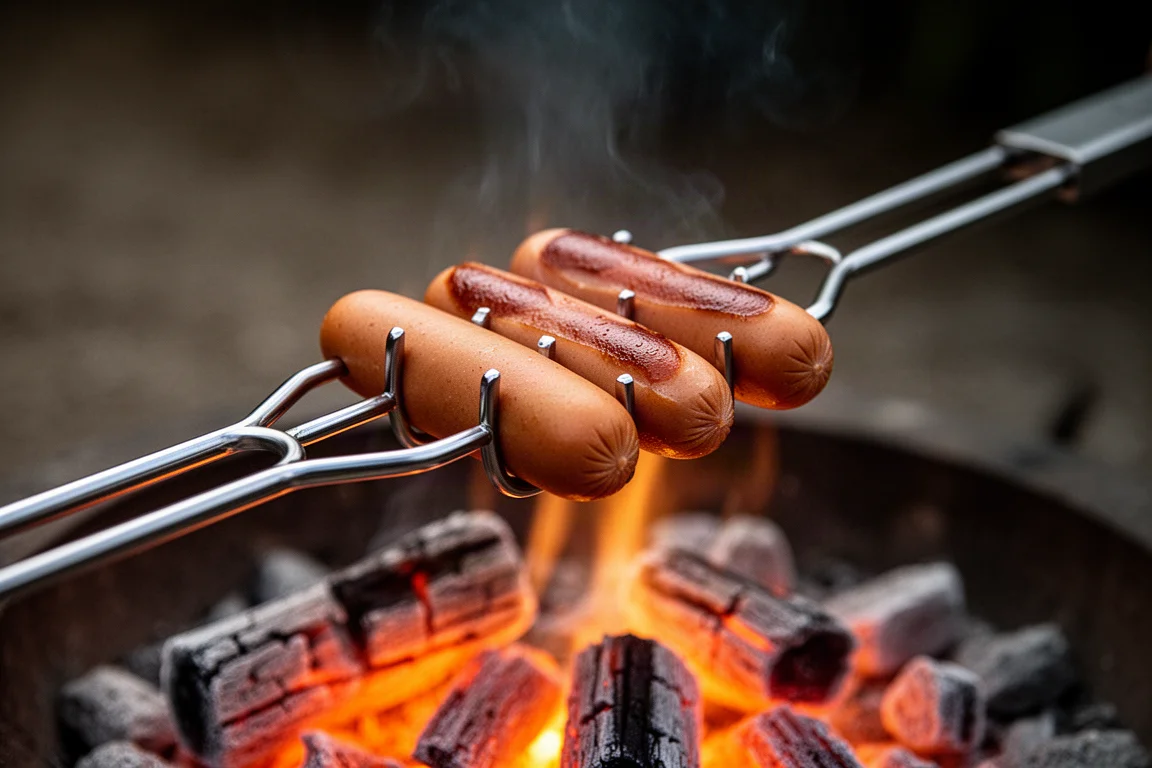 Spitzen von Edelstahl-Röststöcken halten vier Hot Dogs über glühender Kohle